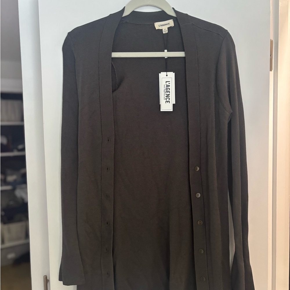 L'AGENCE Charcoal Ribbed Knit Cardigan